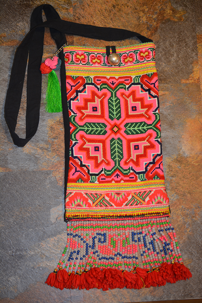 Boho Shoulder Bag Flower Embroidered and Beaded with Pompoms and