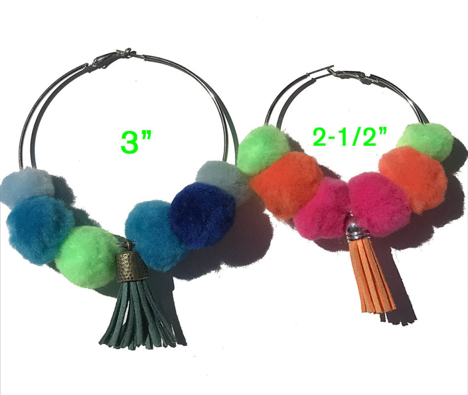 Blue & Neon Green Pom Pom Tassel Hoop Earrings SilverBotanica